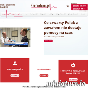 W poszukiwaniu opieki zdrowotnej na najwyższym poziomie koniecznie sprawdź przychodnię wielospecjalistyczną Cardio Team sp. z o.o. Klinika ta jest rodzinną firmą, która działa na rynku od 1938 roku. Zajmuje się wykonywaniem badań diagnostycznych takich jak USG, EKG i holter rytmu serca. Oprócz tego oferuje również leczenie i prowadzenie chorych. Czekają na Ciebie kardiolodzy, pulmonolodzy oraz endokrynolodzy i dietetycy. Sprawdź już dziś! ./_thumb1/cardioteam.pl.png